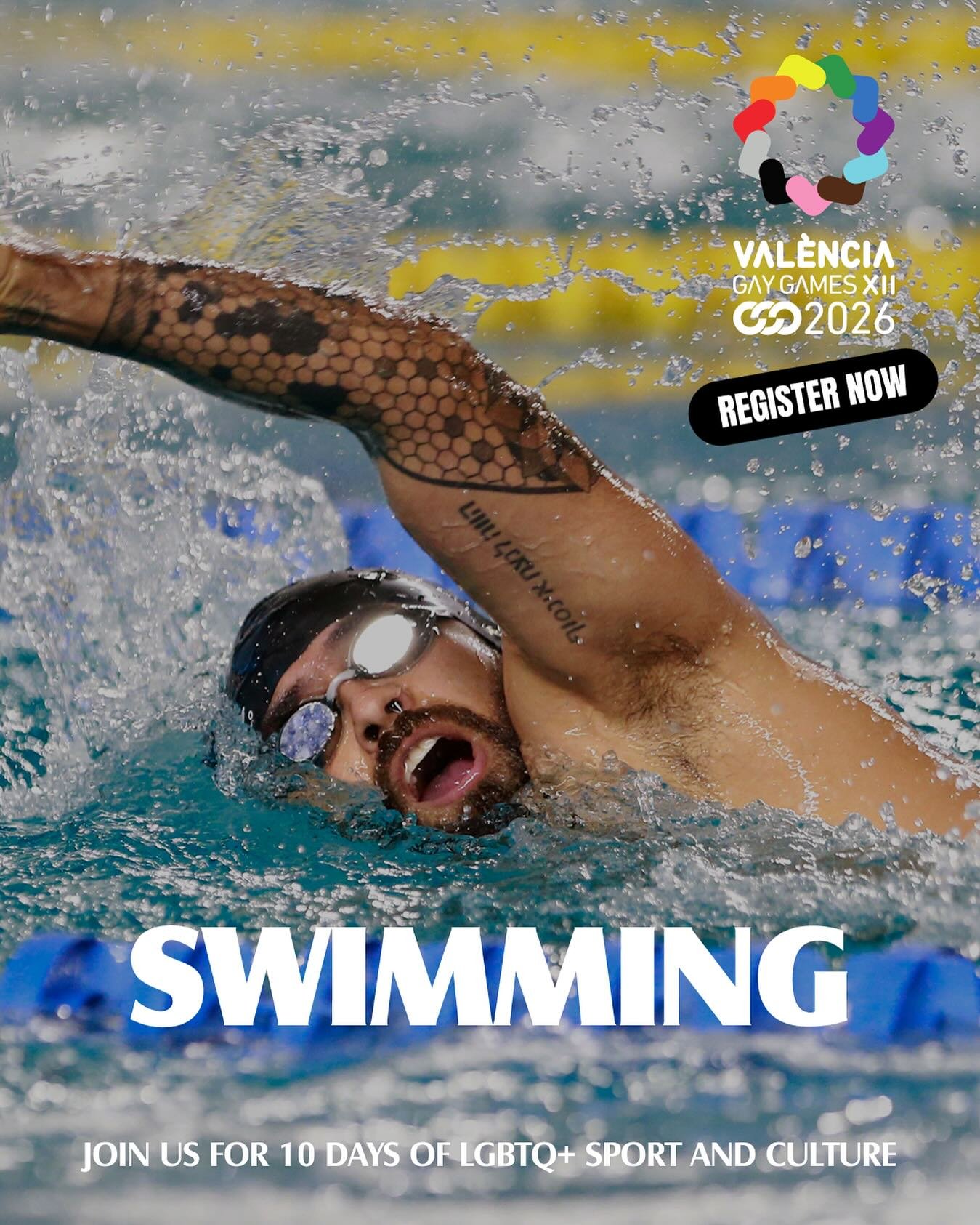 Dive in and chase the wall! 🏊&zwj;♀️💦 Registration is OPEN for Gay Games XII 2026 in Val&egrave;ncia. Sprint, stroke, or relay - swim with pride. 🏳️&zwj;🌈 gaygamesvalencia2026.com/en