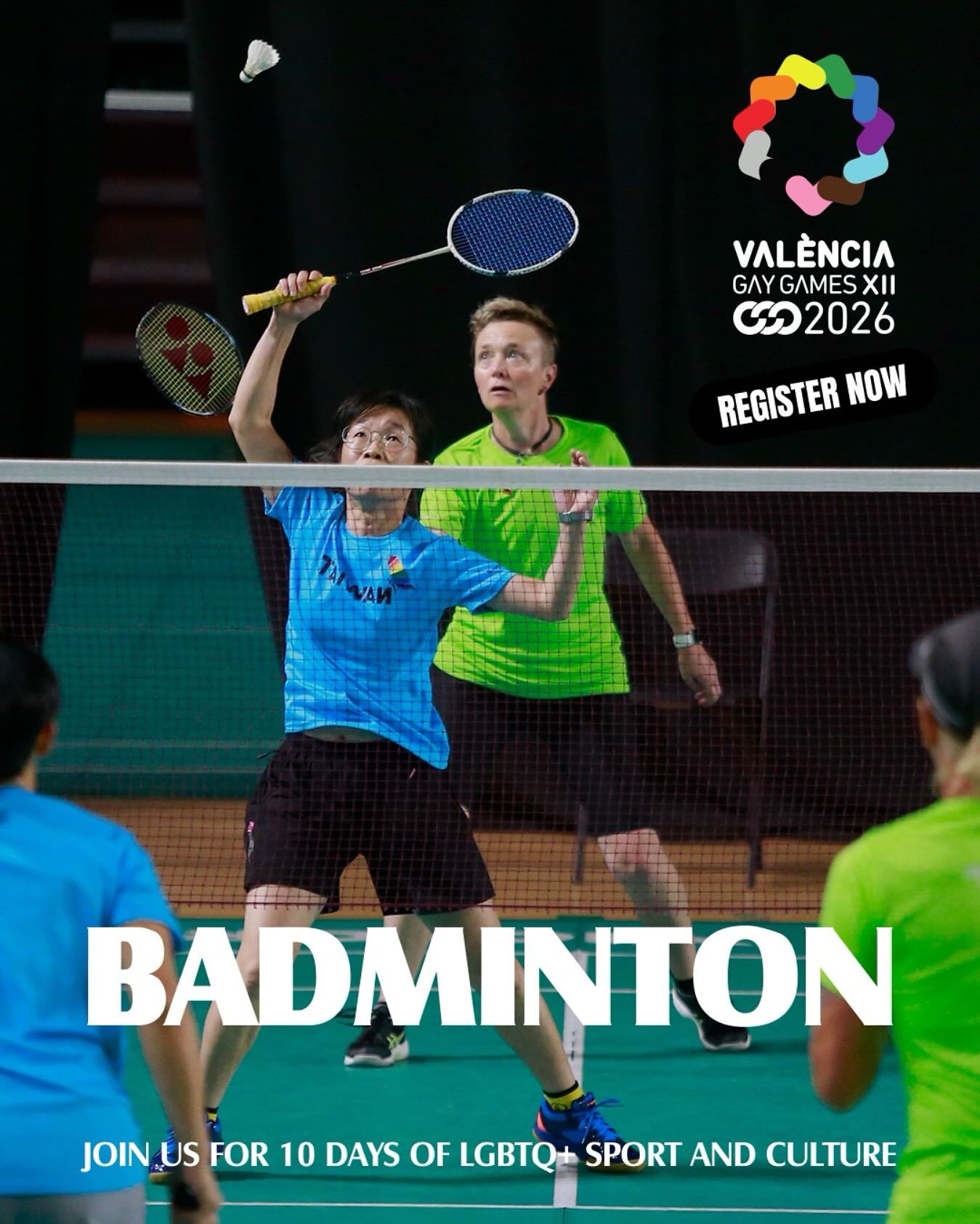 Shuttle up and smash it! 🏸⚡️ Registration is OPEN for Gay Games XII 2026 in Val&egrave;ncia. Light feet, fast hands, full pride. 🏳️&zwj;🌈gaygamesvalencia2026.com/en